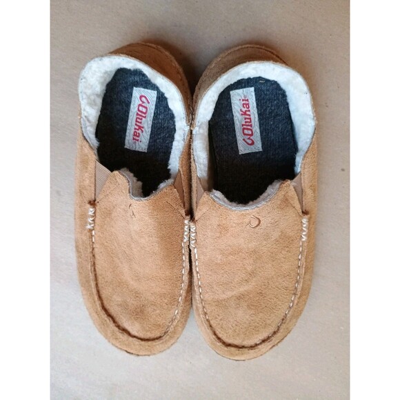 OluKai Moloa Slipper Brown Leather Shearling Lined Men’s 8 EU 41 Slip On House